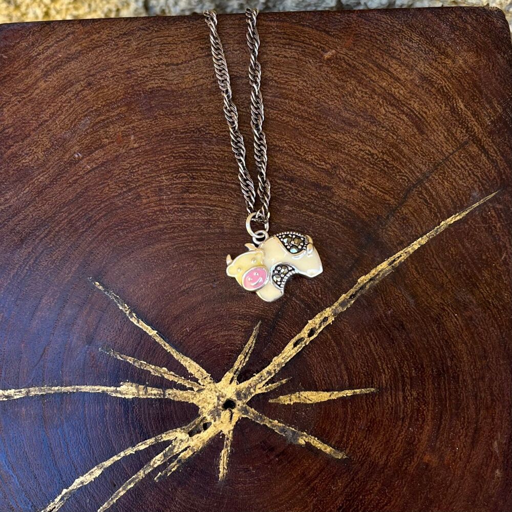 Vintage Sterling Silver Cow Necklace with Marcasite Animal jewelry farm